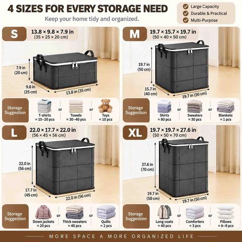 Rock Solid Heavy Duty Foldable Storage Cubes With Secure Snap Lids And Reinforced Carry Handles For Super Roomy Home Organization and Bulky Linen Transport Gear sizes chart.