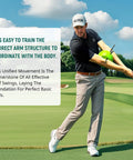 Golfer using Posture Perfect Golf Swing Trainer For Arm And Body Coordination on green, demonstrating arm alignment.