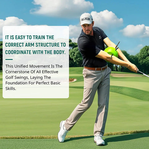 Golfer using Posture Perfect Golf Swing Trainer For Arm And Body Coordination on green, demonstrating arm alignment.