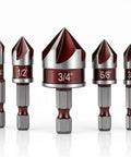 Heavy Duty 5 Piece Countersink Drill Bit Set Featuring 82 Degree HSS Steel And Quick Change Hex Shank For Wood Metal Plastic, showing 5 bits with various sizes.