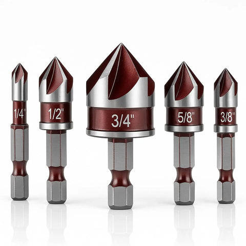 Heavy Duty 5 Piece Countersink Drill Bit Set Featuring 82 Degree HSS Steel And Quick Change Hex Shank For Wood Metal Plastic, showing 5 bits with various sizes.