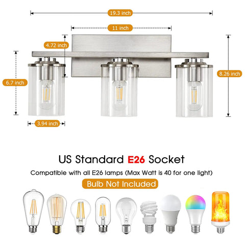 Three Light Brushed Nickel Bathroom Vanity Light Fixture With Clear Glass Shade Over Mirror, E26 Base Dimensions Shown
