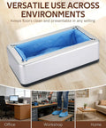 Automatic Shoe Cover Dispenser With 100 Disposable Covers, Hands Free Operation, Power Free, shown in home and office settings