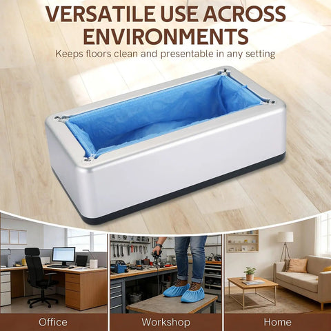 Automatic Shoe Cover Dispenser With 100 Disposable Covers, Hands Free Operation, Power Free, shown in home and office settings