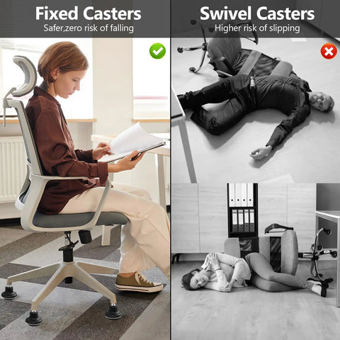 Comparison of fixed casters for stability versus swivel casters causing slips, highlighting safety benefits of Straight Up Chair Wheel Stoppers 5 Pack Bell Glide Casters For Office And Gaming Desk Replace Rolling Wheels For Dead Stop Stationary Feet With No More Sliding On Your Daily Setup.