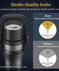 Diagram of a dynamic handheld karaoke microphone with cardioid pattern showing hypercardioid pickup minimizing ambient noise.
