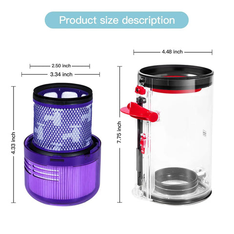 All In One Canister Replacement Kit For V11 And V15 Vacuum Cleaners With Dust Bucket And Filter, dimensions shown