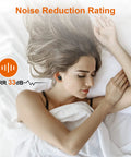 Woman sleeping with reusable silicone ear plugs for sleeping and noise reduction 33 dB snoring travel work study and concerts.