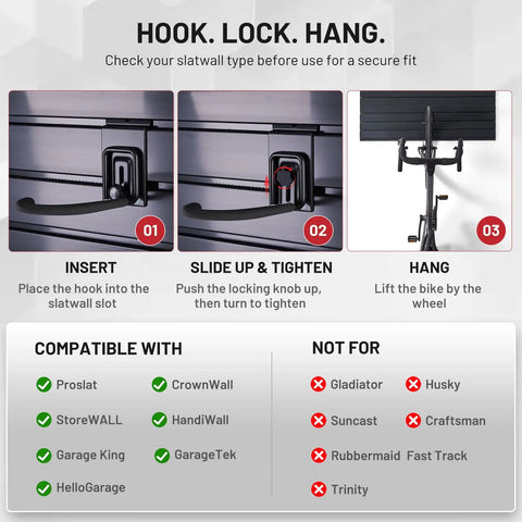 Instruction for Locking Slatwall Bike Hooks Set Heavy Duty Wall Mount Bicycle Hanger With PVC Coating Rubberized Protection Quick Hang