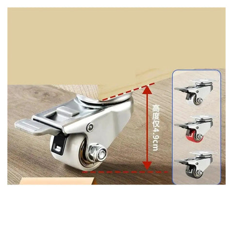 Four Pack One Point Two Inch Low Profile Heavy Duty Swivel Casters With Precision Ball Bearings And Secure Wheel Brakes That Lock Down Tight For Gliding Smooth Through Your Workshop Gear And Cabinet Builds In Red, showing a close-up of one caster mounted.