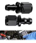 Two Pack 6AN Female To 3/8 Inch Barb Hose Fittings Leak Proof 37 Degree Flare Chamfer Deep Thread Ideal For Fuel Lines Oil Coolers Transmission Coolers Automotive Marine And Industrial Use black anodized aluminum barb fittings installed in engine bay