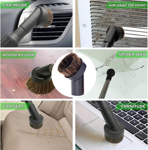 Versatile Vacuum Attachments And Brush Kit with hardwood floor brush head cleaning car, floor, vent, webs, seats, and furniture