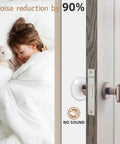 Child sleeping beside a door featuring a Six Pack Clear Silicone Door Stoppers for Walls Self Adhesive Door Bumpers to Stop Slams Round Wall Protectors 1.57 by 1.57 by 0.31 Inches Soft Pad Shields for Bedrooms and High Traffic Halls, highlighting noise reduction.