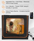 Double Wide 3D Printer Enclosure With Ventilation And Adjustable Fan, shown with LED light and air quality detector display