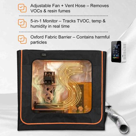 Double Wide 3D Printer Enclosure With Ventilation And Adjustable Fan, shown with LED light and air quality detector display
