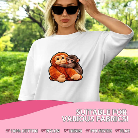 Monkey Vibe DTF Transfers Set For T Shirts Ready To Press Heat Vinyl Stickers on woman's white shirt with monkey graphic