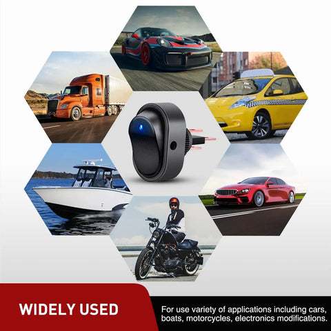 Five Pack LED Lighted Rocker Switch Set 12V Blue LED for cars, boats, trucks, motorcycles, emphasis on versatility.