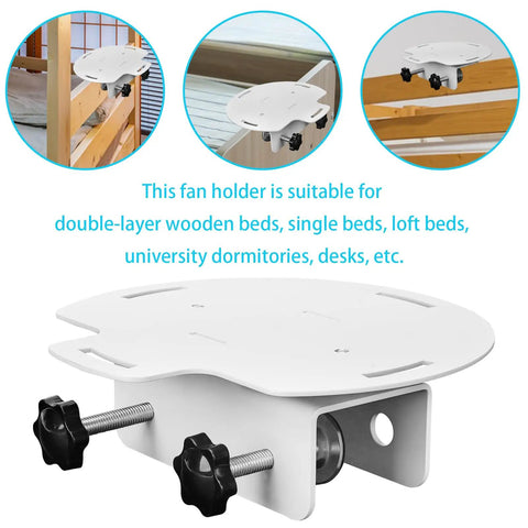 Universal Bed Fan Holder With Solid Grip Clamps Adjustable Bracket, white fan mount, suitable for bunk beds and dorms.