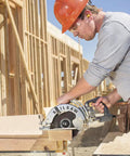 Professional Grade Hardcore 15 Amp Worm Drive Circular Saw With 8 1/4 Inch Blade cutting wood at construction site.