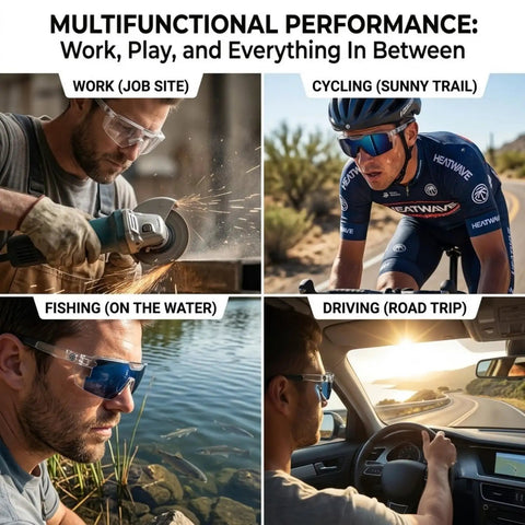 Heavy Duty Photochromic Safety Glasses Featuring Uv400 Polarized Auto Darkening Lenses And Impact Resistant Frames during various activities.