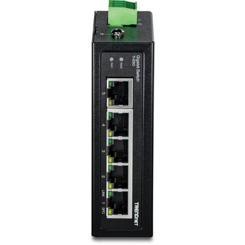 Front view of 5-Port Industrial Gigabit Ethernet DIN-Rail Switch With 10Gbps Switching Capacity, IP50 Rated, NDAA TAA Compliant, 5 ports visible