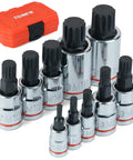 XZN Triple Square Spline Bit Socket Set 10 Piece Metric M4 To M18 with molded case and chrome finish sockets.
