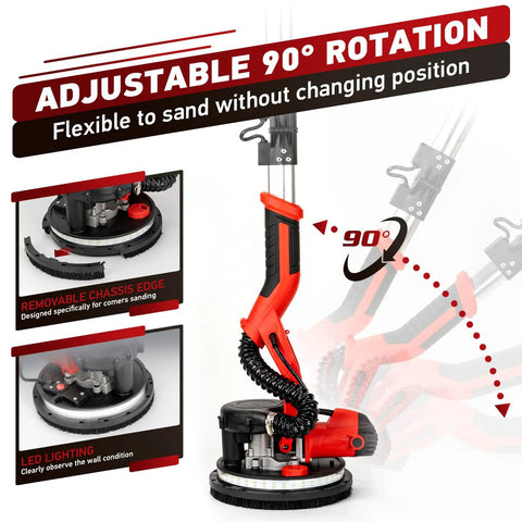 Beast 850W Drywall Sander With Vacuum Dust Collector LED Work Light showing adjustable 90-degree rotation feature