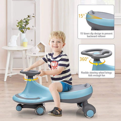 Trendy Swing Ride On Wiggle Car With Glowing Wheels And Easy Twist Steering Designed For Toddlers Age 3 Plus in a living room.