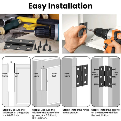 ZIUZI 16-pc black stainless steel door hinges kit with 96 screws, 2 inch window folding hinges; installation steps.