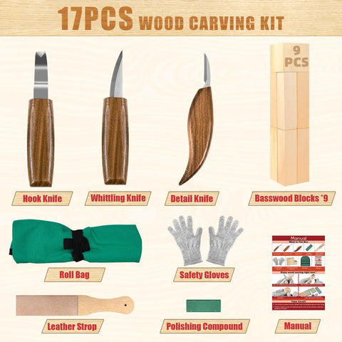 Beginner Friendly Wood Carving Set With 17 Tools Includes 3 Whittling Knives, 9 Basswood Blocks, Safety Gloves, and Instructions