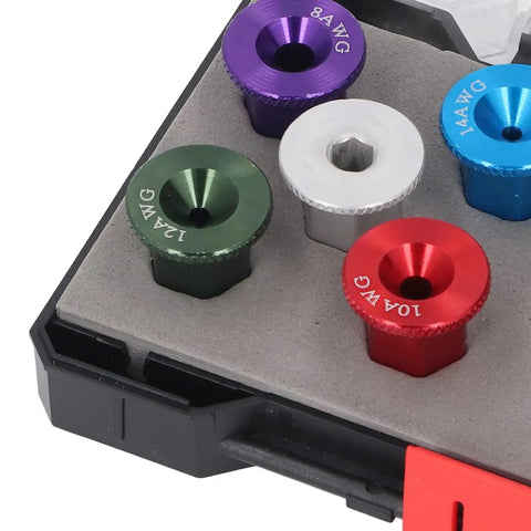 Fabater Premium Electric Wire Stripper For 6-14 Awg Solid Hard Cable drill bit attachments in a storage case, including sizes 8, 10, 12, 14 AWG.