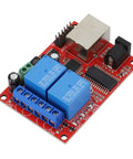 Top view of Industrial Ethernet 2 Way Relay Board Delay Switch Controller Module with dual relays, network ports, and connectors.
