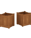 Two Pack Teak Oil Finished Meranti Wood Flower Planter Boxes For Outdoor Gardens Patios And Backyards 15.4 x 17.7 x 15.4 Inches Water Resistant Durable With Easy Assembly And Hardware Included