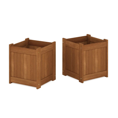 Two Pack Teak Oil Finished Meranti Wood Flower Planter Boxes For Outdoor Gardens Patios And Backyards 15.4 x 17.7 x 15.4 Inches Water Resistant Durable With Easy Assembly And Hardware Included