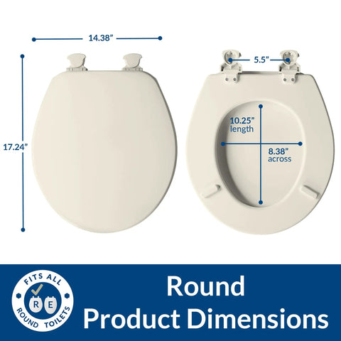 Toilet Seat With Quick Release Easy Clean Hinges For Deep Cleans, Durable Enameled Wood, Round Biscuit Color, dimensions view