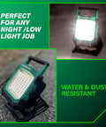 Ultra Bright 4000 Lumen Cordless LED Work Light with MultiVolt 18V 36V Battery shown illuminating a dark surface.