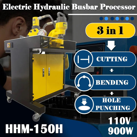 INTBUYING 3 In 1 Electric Hydraulic Busbar Processor Cutter Bender Hole Puncher Tool 20 Ton Force, showcasing cutting, bending, and hole punching features.
