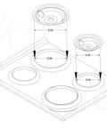 Diagram showing Chrome Style B 4 Pack Drip Bowls For GE Plug-In Electric Ranges No-Brainer Replacement with measurements.