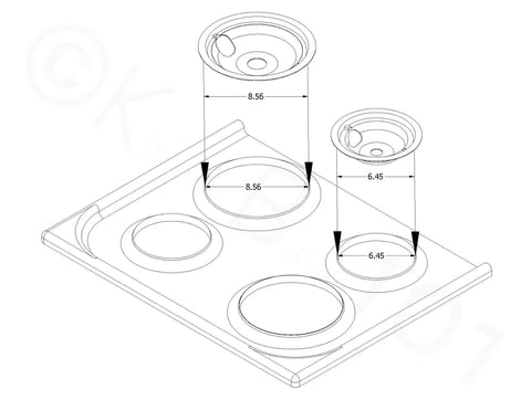 Diagram showing Chrome Style B 4 Pack Drip Bowls For GE Plug-In Electric Ranges No-Brainer Replacement with measurements.