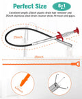 25 Inch Drain Clog Remover 7 Pack takes the headache out of clogged pipes, featuring a flexible 25-inch plastic drain hair remover.