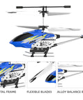 Side view of U12 RC Helicopter With Altitude Hold And Gyro Stabilization, showcasing metal frame, flexible blades, and alloy balance bar.