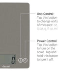 Gray Storm glass digital kitchen scale with display, unit, and power control buttons, features 15 lb capacity and 0.1 oz accuracy.