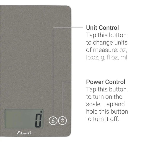 Gray Storm glass digital kitchen scale with display, unit, and power control buttons, features 15 lb capacity and 0.1 oz accuracy.