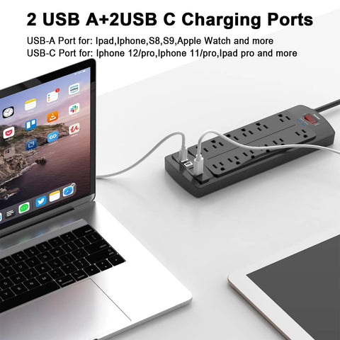 6-Foot Heavy Duty Extension Cord Power Strip With 12 AC Outlets And 4 USB Ports, 2700 Joules Surge Protector, ETL Listed, Black, Ideal For Home Office Dorms And Everyday Desk Setup, black power strip with USB-A and USB-C ports beside laptop and tablet