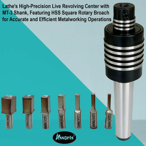 MT3 Rotary Broach Live Center Set for Lathe Machines with 7 HSS square broach punches from 3mm to 12mm, high precision tool
