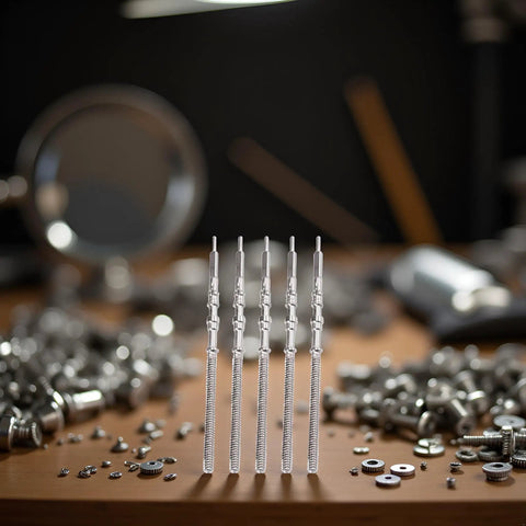 Five Piece Silver Movement Watch Stem Crown Kit For NH35 NH36 NH38 NH39 Movements And Repair Tools on a wooden table