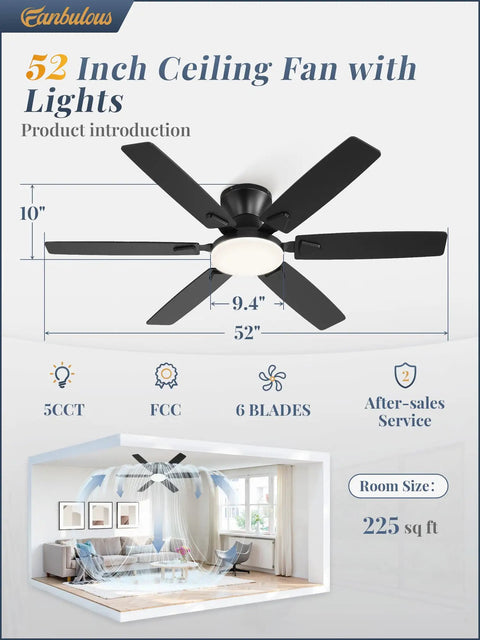 52 Inch Ceiling Fan With Lights And Smart App Remote 6 Blade Dope High Airflow Dimmable 5CCT LED DC Motor Diagram
