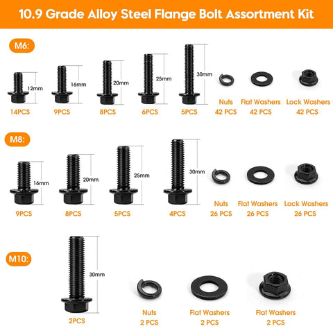 Nuts And Bolts Assortment Kit 280 Piece For M6 M8 M10 Flange Bolts With Lock And Flat Washers, 10.9 Grade Alloy Steel Screws Black Zinc