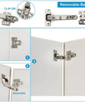 Straight Up Smooth Two Pack Concealed Cabinet Hinges Compatible With Corner Cupboards Full Overlay Face Frame Doors Adjustable Hydraulic 135 Degree Soft Closing Silver Hardware, close-up view showing installation steps and clip-on mechanism.