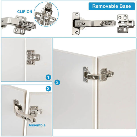 Straight Up Smooth Two Pack Concealed Cabinet Hinges Compatible With Corner Cupboards Full Overlay Face Frame Doors Adjustable Hydraulic 135 Degree Soft Closing Silver Hardware, close-up view showing installation steps and clip-on mechanism.